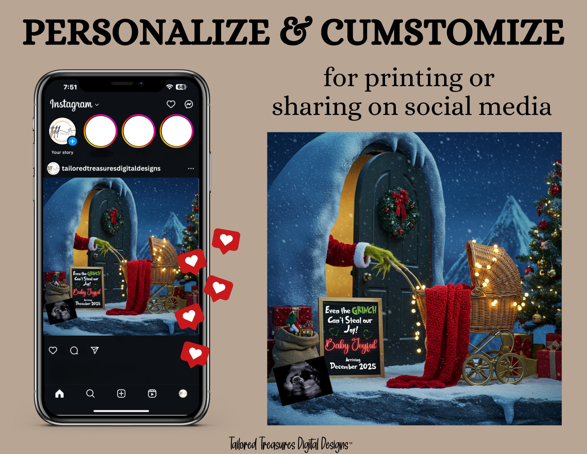 Digital Christmas Pregnancy Announcement, Can't Steal Out Joy, Customizable Grinch Themed, Personalized Editable Template TailoredTreasuresDigitalDesigns™