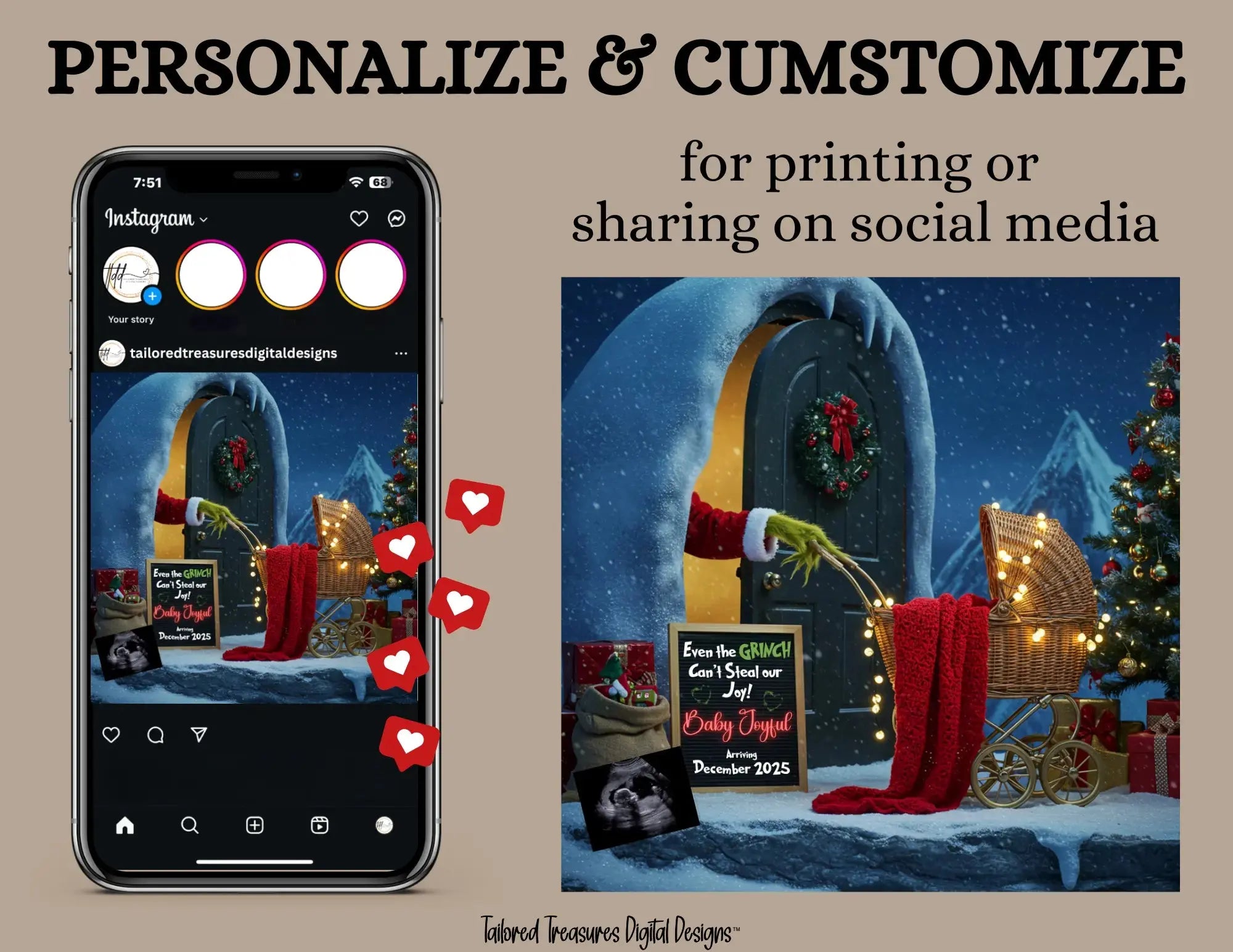 Even the Grinch Can't Steal Our Joy, Grinch Christmas Digital Pregnancy Announcement, Customizable Canva Downloadable Template TailoredTreasuresDigitalDesigns™