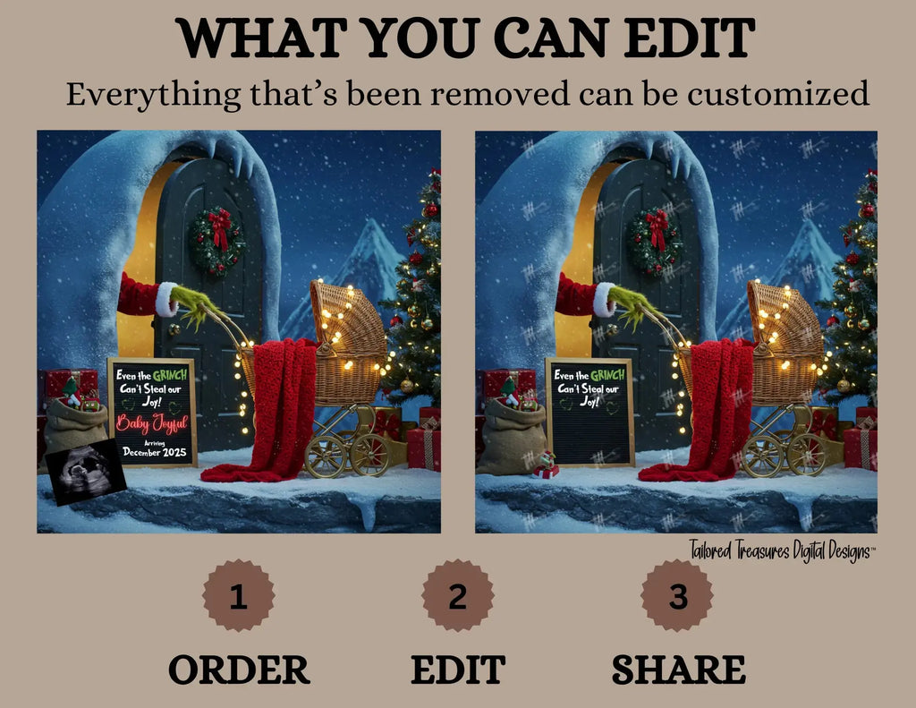 Even the Grinch Can't Steal Our Joy, Grinch Christmas Digital Pregnancy Announcement, Customizable Canva Downloadable Template TailoredTreasuresDigitalDesigns™