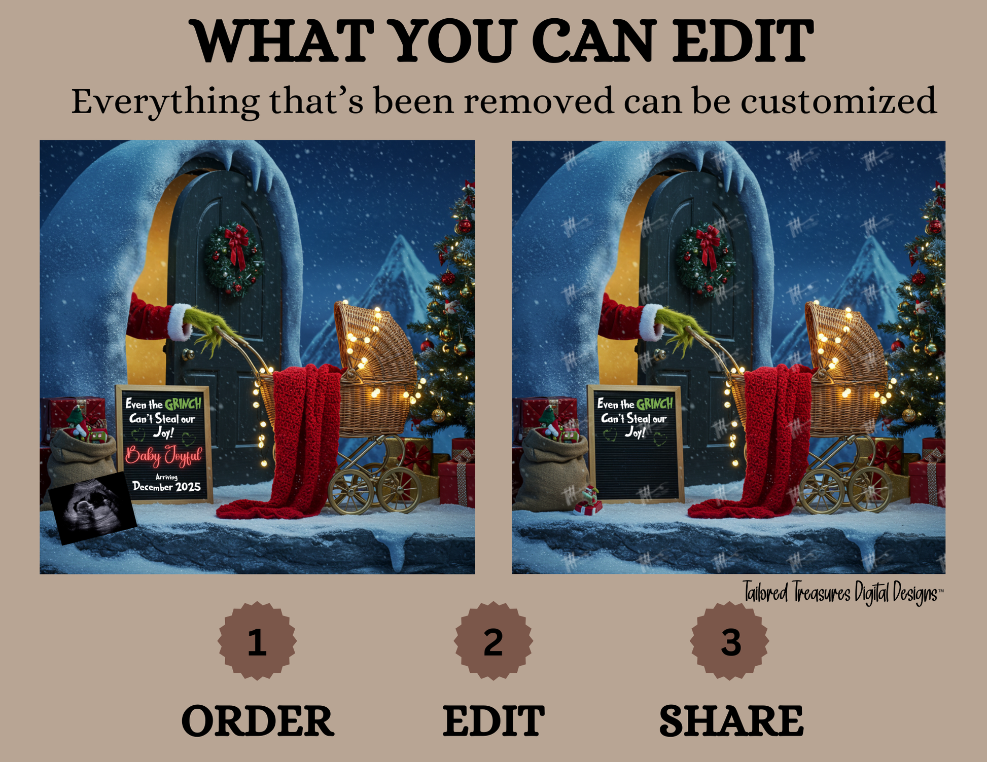 Digital Christmas Pregnancy Announcement, Can't Steal Out Joy, Customizable Grinch Themed, Personalized Editable Template TailoredTreasuresDigitalDesigns™