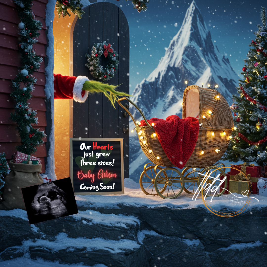 Digital Christmas Pregnancy Announcement, Our Hearts Just Grew Three Sizes, Customizable Grinch Themed, Personalized Editable Template TailoredTreasuresDigitalDesigns™