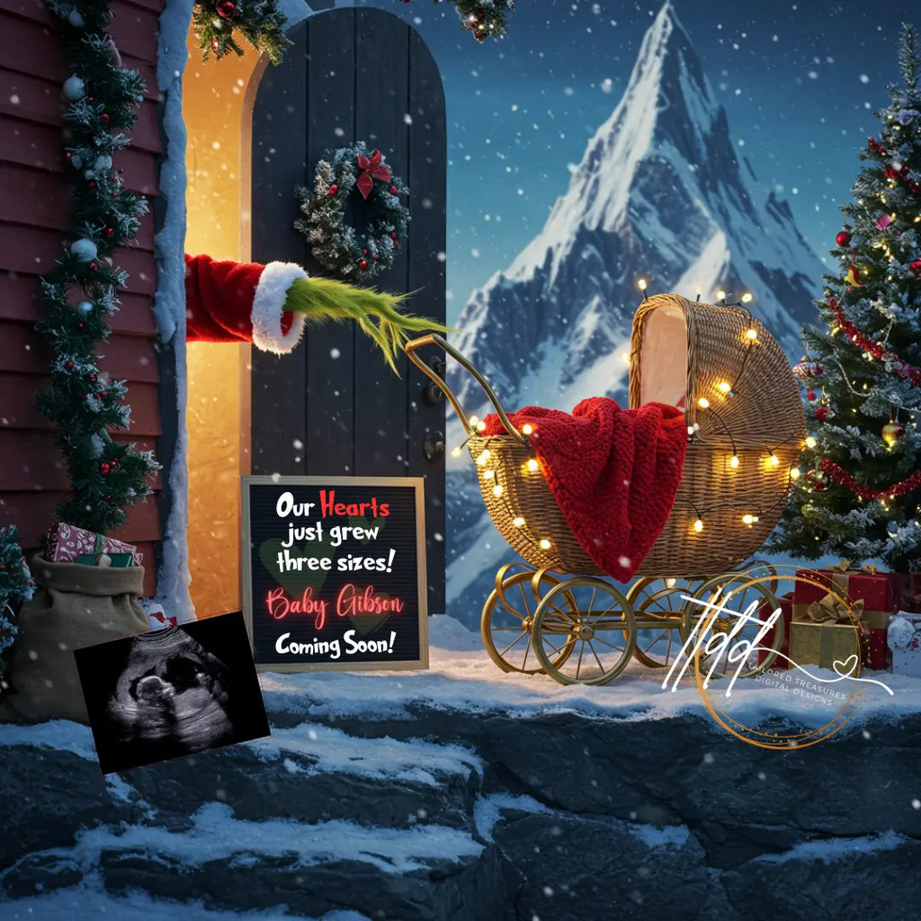Our Hearts Just Grew Three Sizes, Grinch Christmas Digital Pregnancy Announcement, Editable Canva Downloadable Template TailoredTreasuresDigitalDesigns™