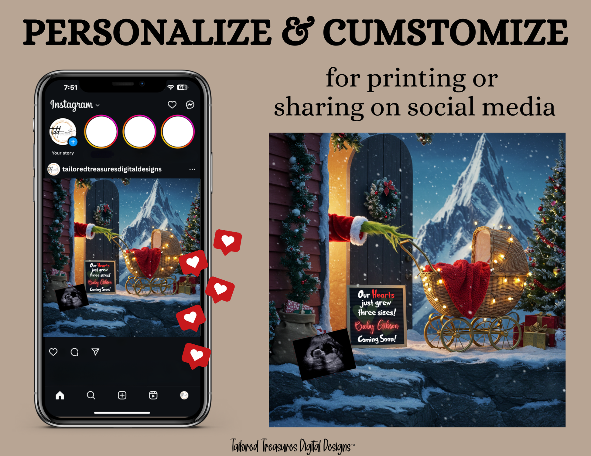 Digital Christmas Pregnancy Announcement, Our Hearts Just Grew Three Sizes, Customizable Grinch Themed, Personalized Editable Template TailoredTreasuresDigitalDesigns™