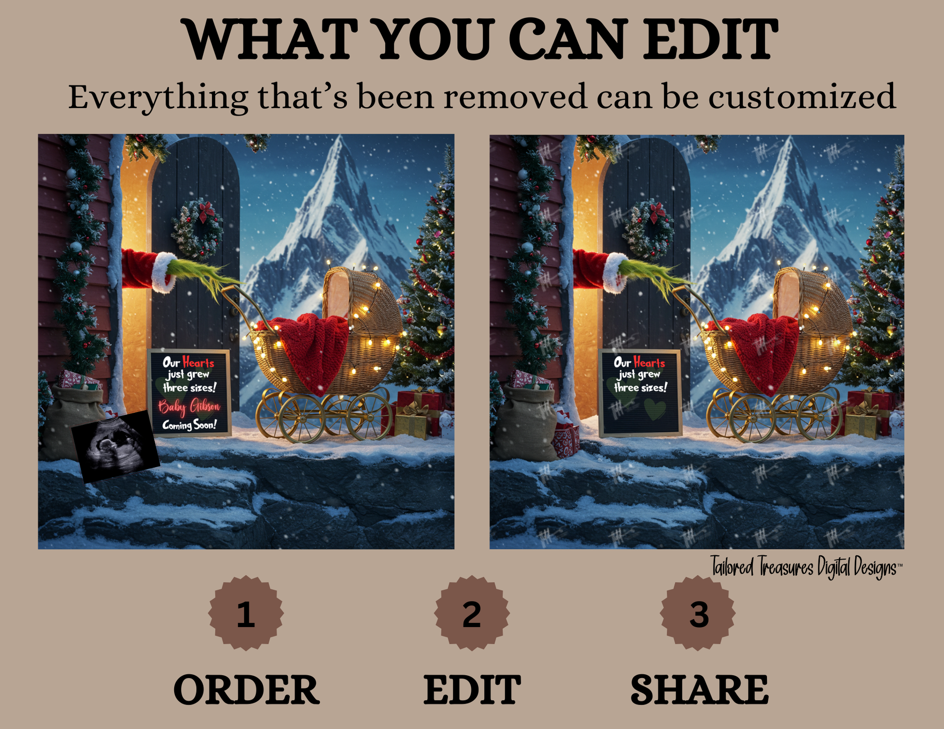 Digital Christmas Pregnancy Announcement, Our Hearts Just Grew Three Sizes, Customizable Grinch Themed, Personalized Editable Template TailoredTreasuresDigitalDesigns™