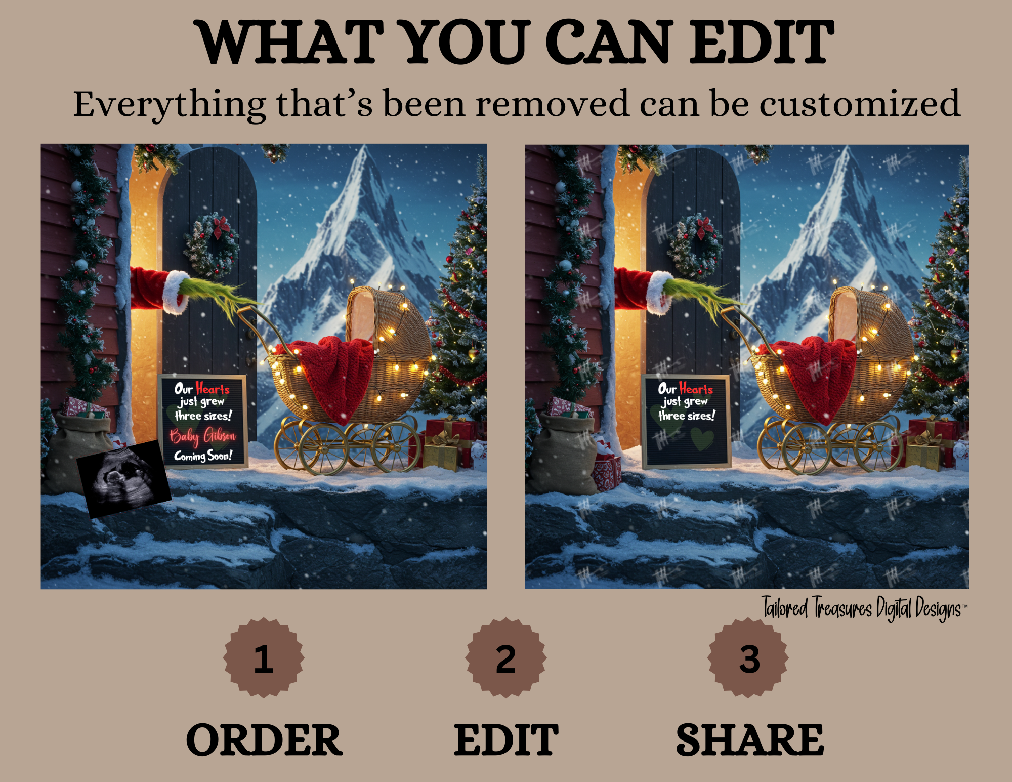 Digital Christmas Pregnancy Announcement, Our Hearts Just Grew Three Sizes, Customizable Grinch Themed, Personalized Editable Template TailoredTreasuresDigitalDesigns™