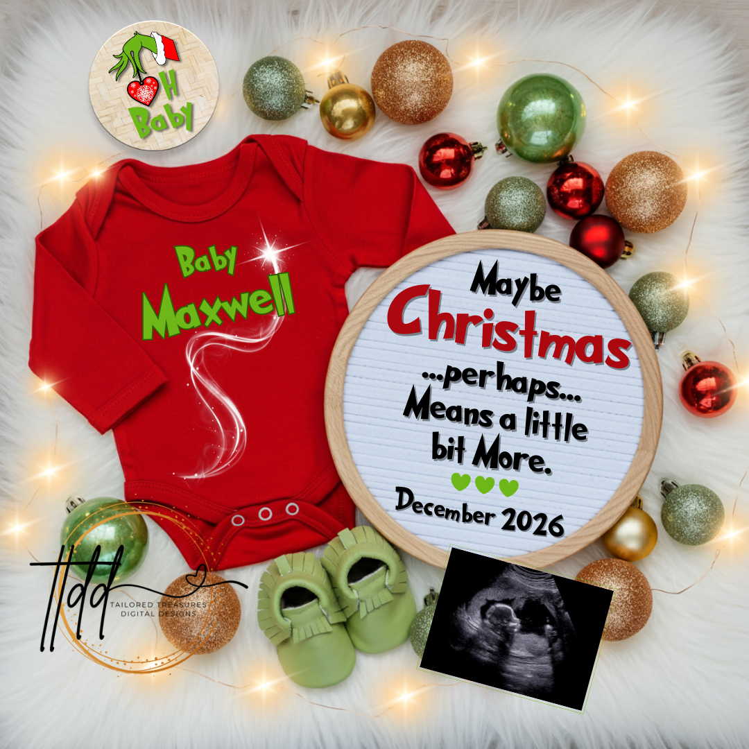 Digital Christmas Pregnancy Announcement, Maybe Christmas Baby, Customizable Grinch Themed, Personalized Editable Template TailoredTreasuresDigitalDesigns™