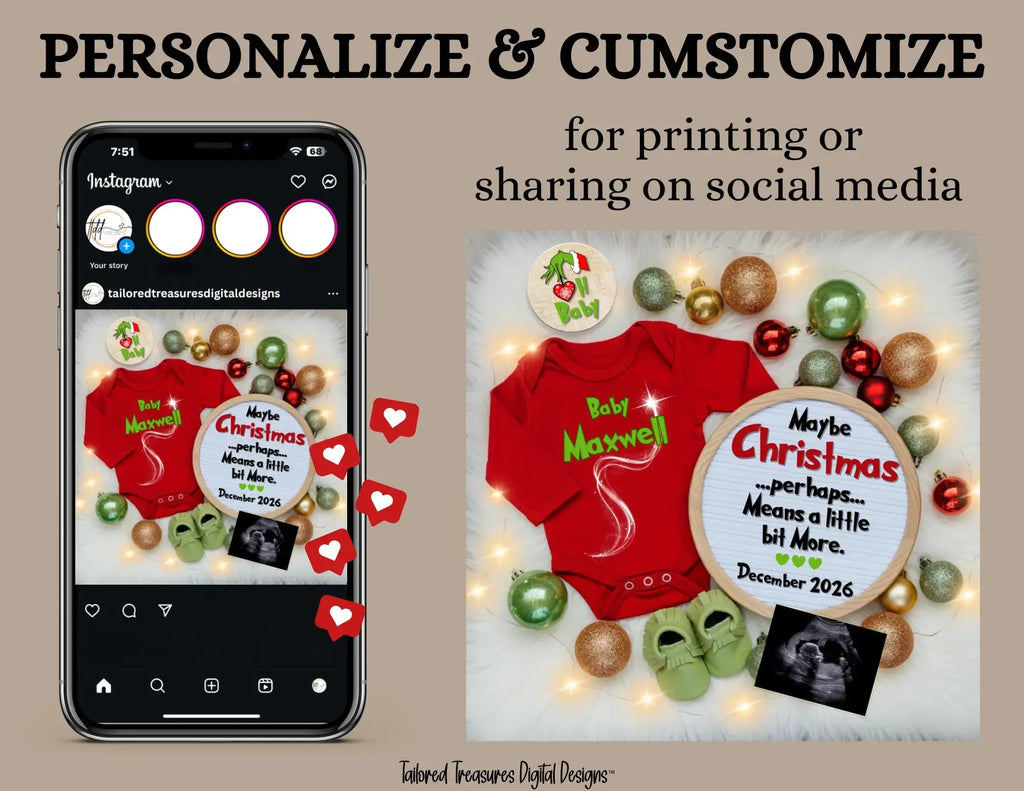Digital Christmas Pregnancy Announcement, Maybe Christmas Baby, Customizable Grinch Themed, Personalized Editable Template TailoredTreasuresDigitalDesigns™