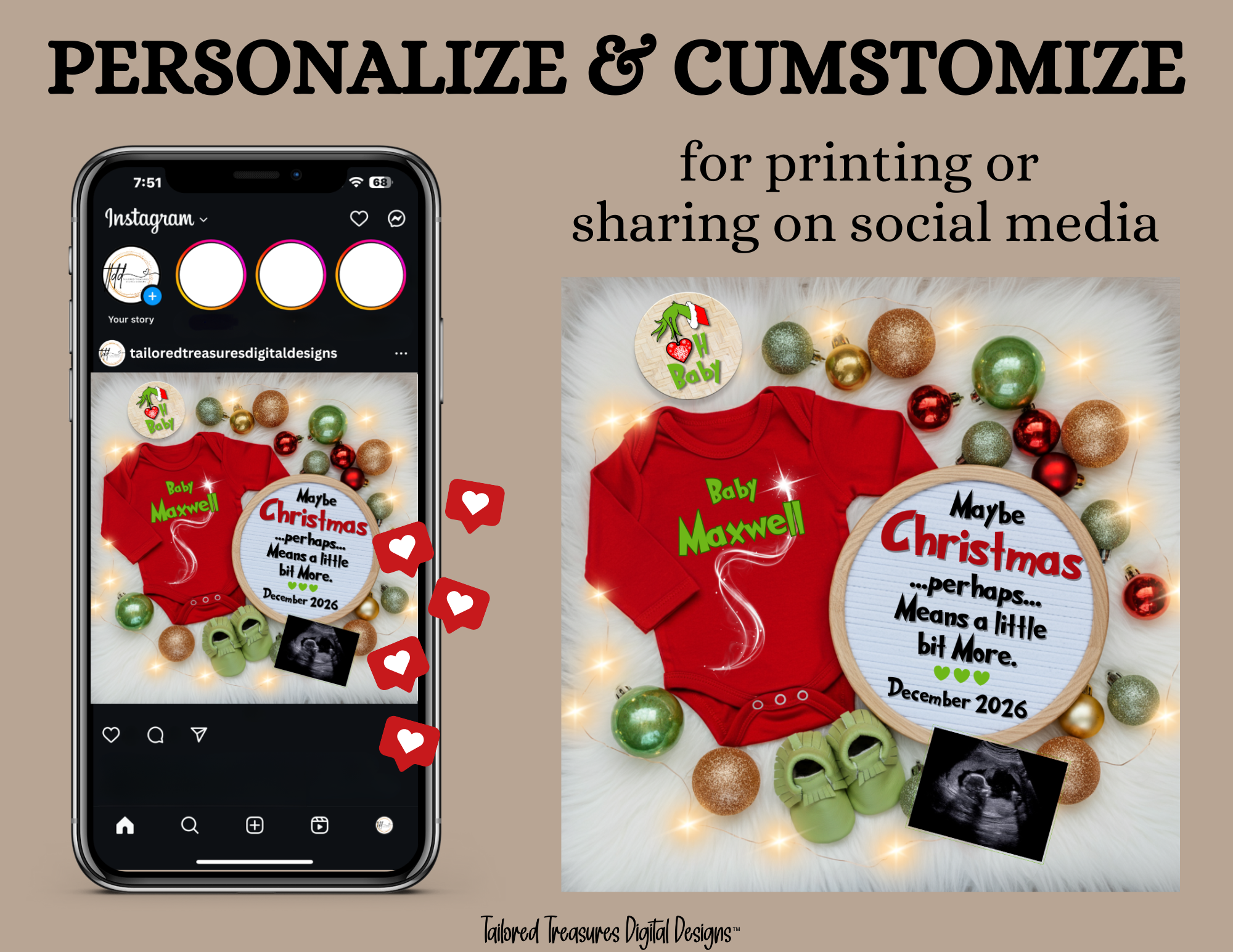 Digital Christmas Pregnancy Announcement, Maybe Christmas Baby, Customizable Grinch Themed, Personalized Editable Template TailoredTreasuresDigitalDesigns™