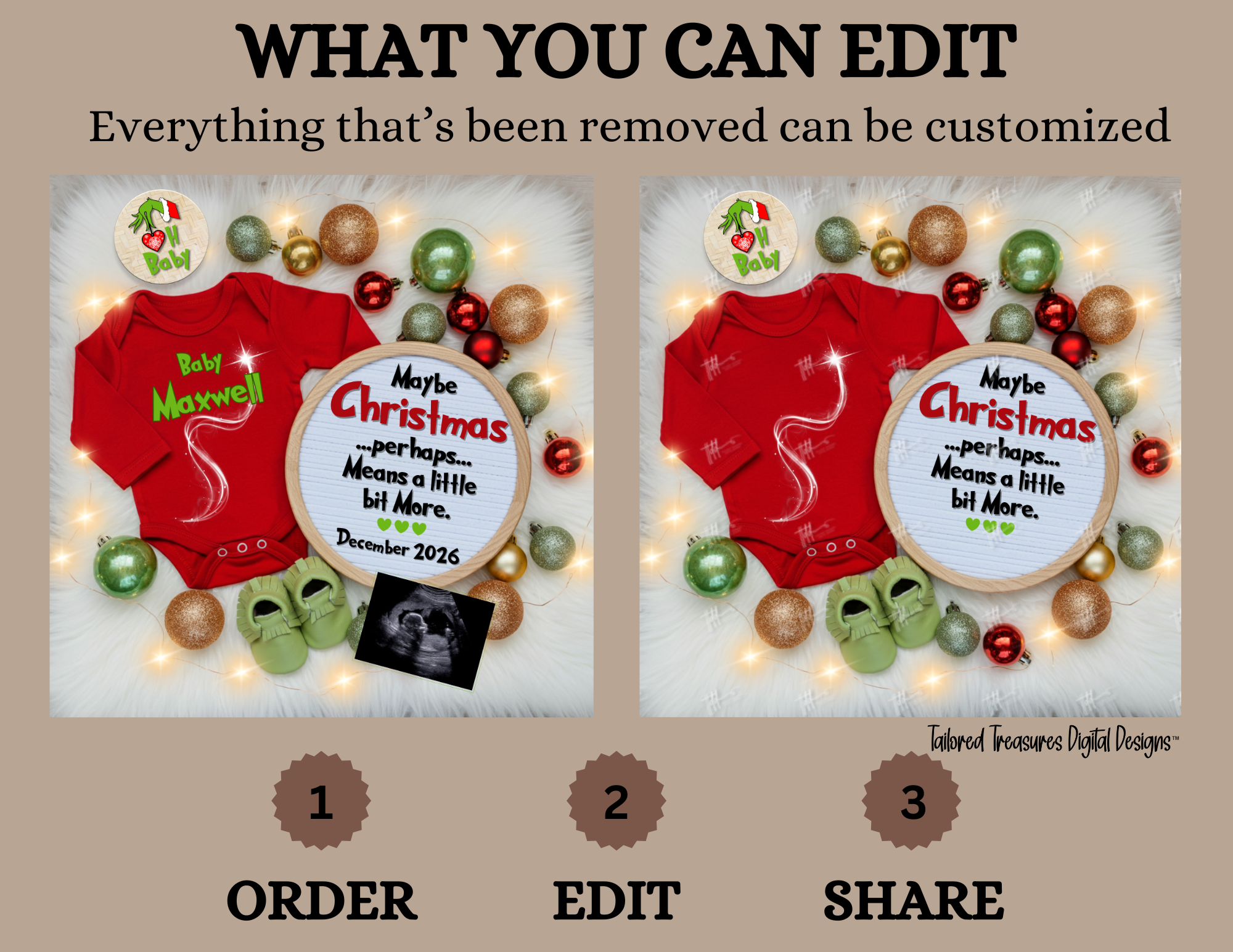 Digital Christmas Pregnancy Announcement, Maybe Christmas Baby, Customizable Grinch Themed, Personalized Editable Template TailoredTreasuresDigitalDesigns™