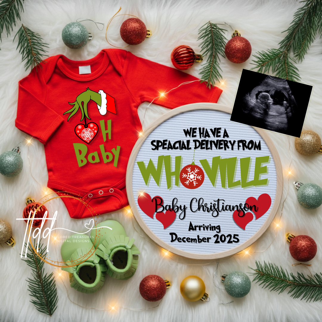 Digital Christmas Pregnancy Announcement, Special Delivery from Whoville, Customizable Grinch Themed, Personalized Editable Template TailoredTreasuresDigitalDesigns™