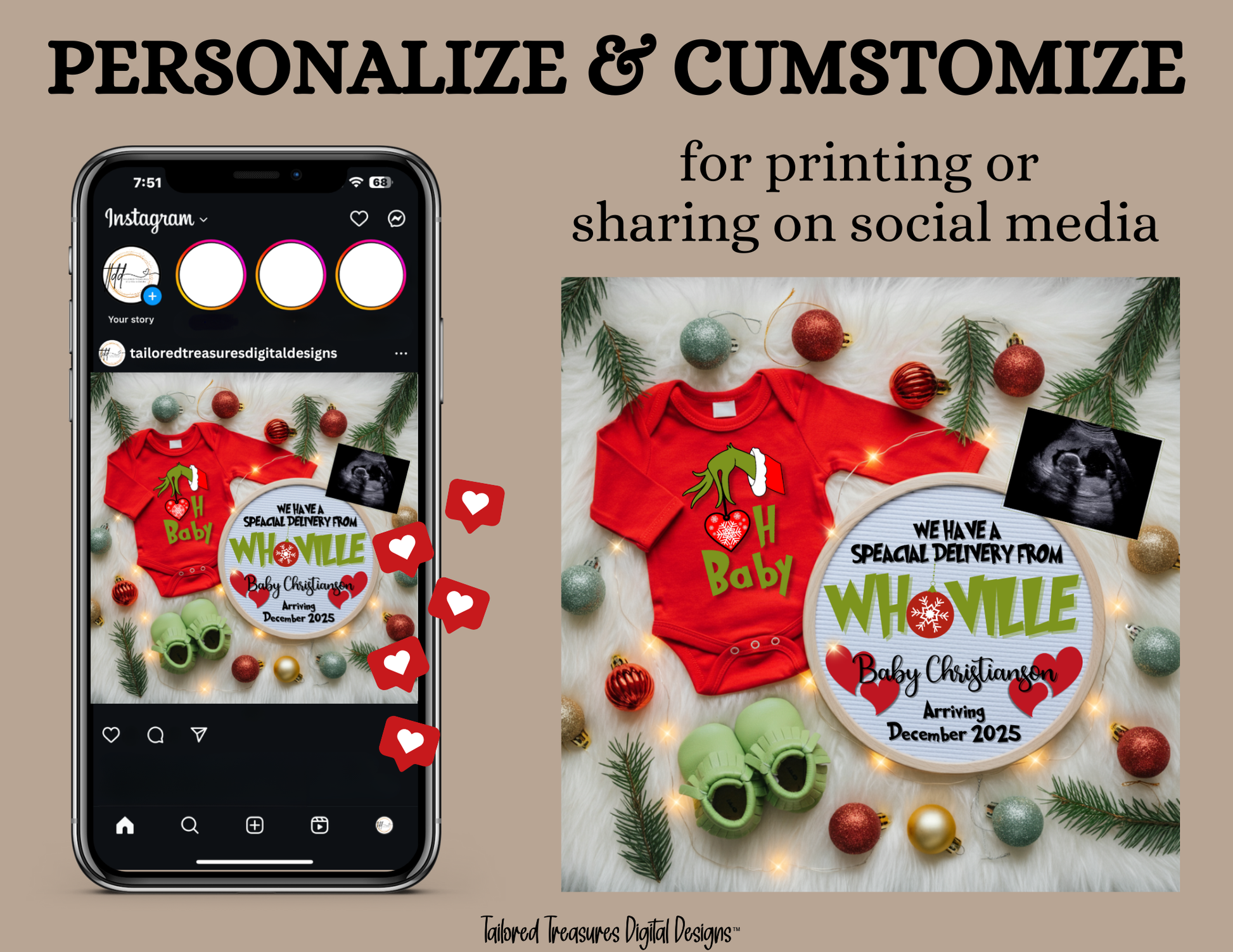 Digital Christmas Pregnancy Announcement, Special Delivery from Whoville, Customizable Grinch Themed, Personalized Editable Template TailoredTreasuresDigitalDesigns™