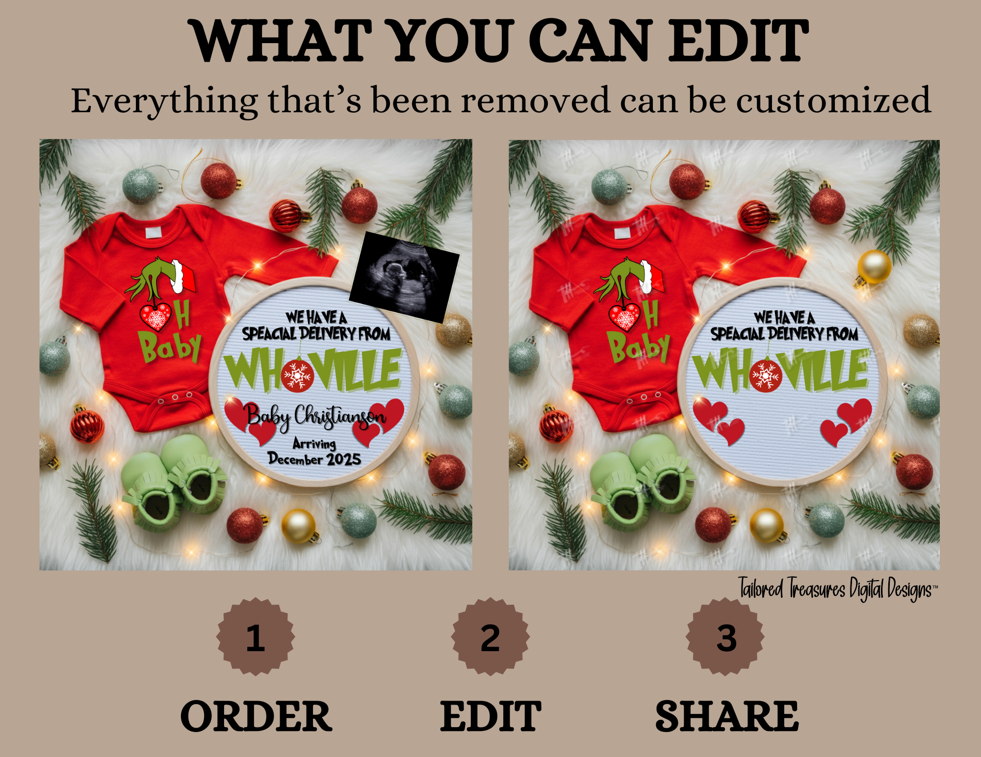 Digital Christmas Pregnancy Announcement, Special Delivery from Whoville, Customizable Grinch Themed, Personalized Editable Template TailoredTreasuresDigitalDesigns™