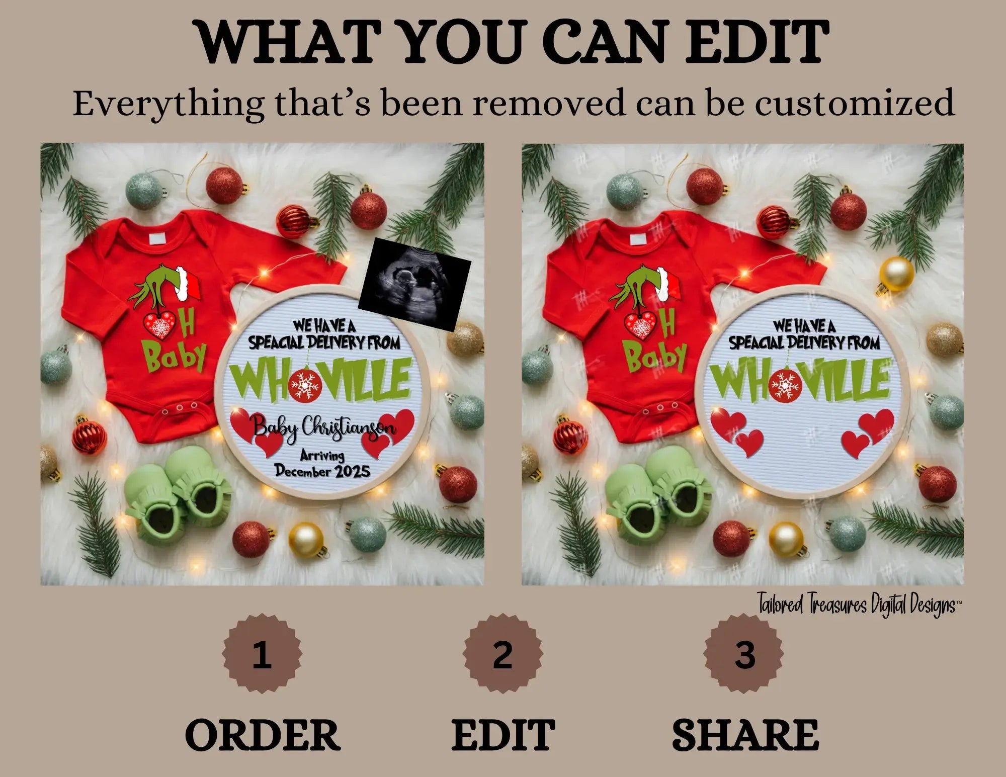 Digital Christmas Pregnancy Announcement, Special Delivery from Whoville, Customizable Grinch Themed, Personalized Editable Template TailoredTreasuresDigitalDesigns™