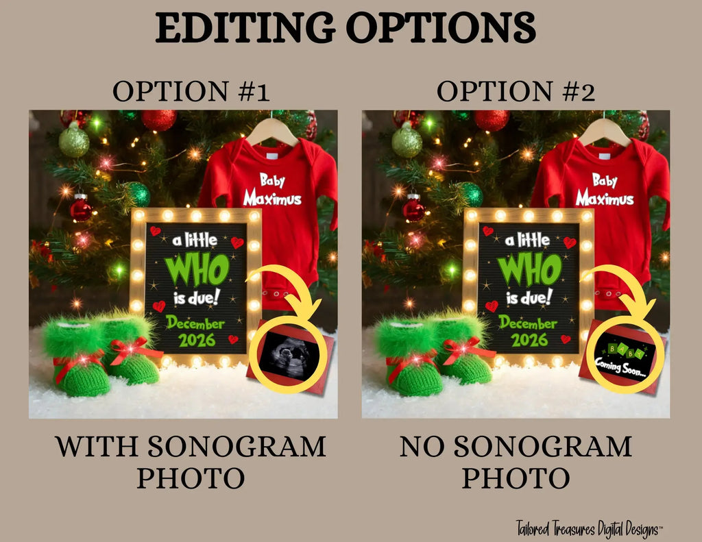 Digital Christmas Pregnancy Announcement, A Little Who is Due, Customizable Grinch Themed, Personalized Editable Template TailoredTreasuresDigitalDesigns™