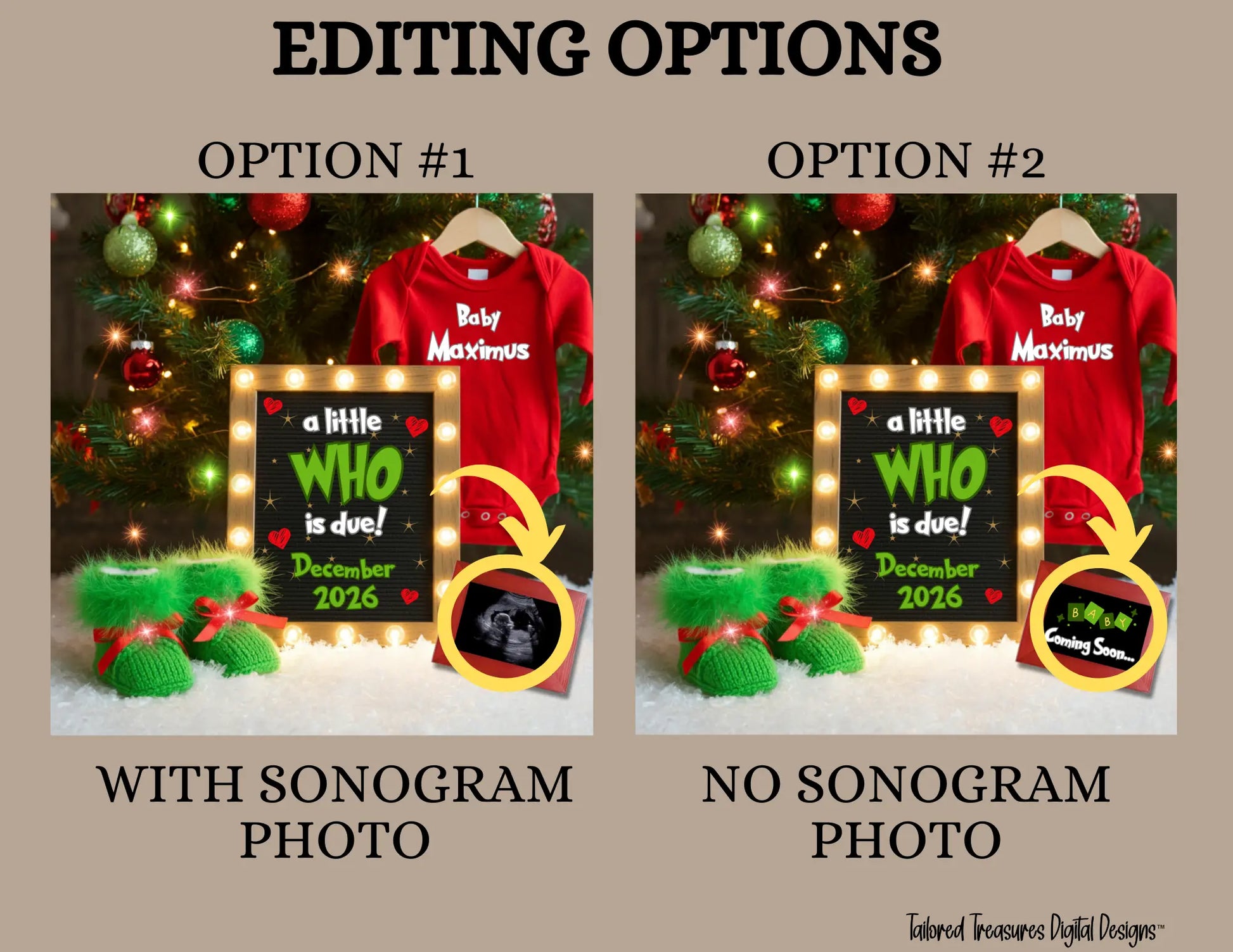 Digital Christmas Pregnancy Announcement, A Little Who is Due, Customizable Grinch Themed, Personalized Editable Template TailoredTreasuresDigitalDesigns™