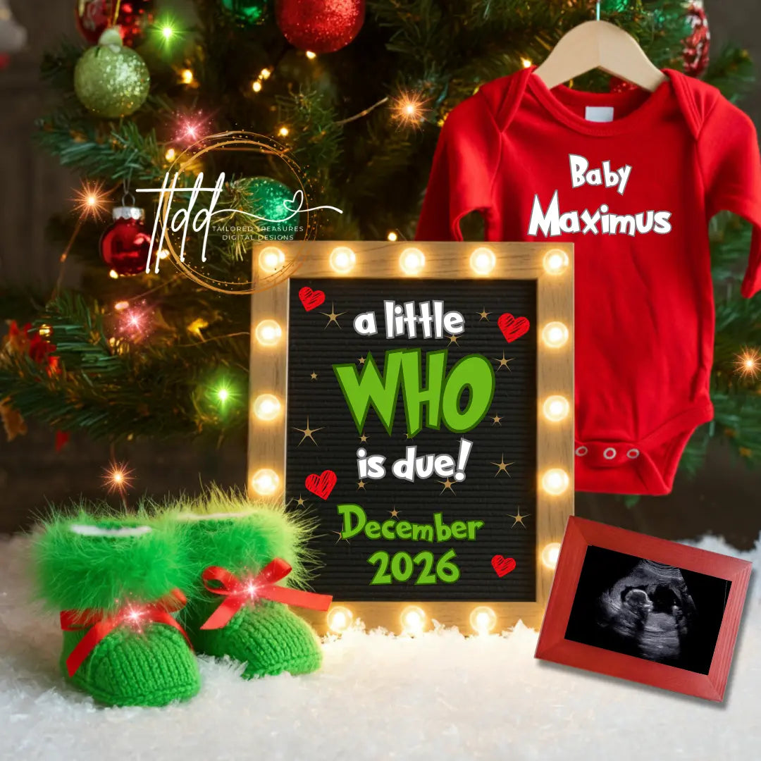 Digital Christmas Pregnancy Announcement, A Little Who is Due, Customizable Grinch Themed, Personalized Editable Template TailoredTreasuresDigitalDesigns™