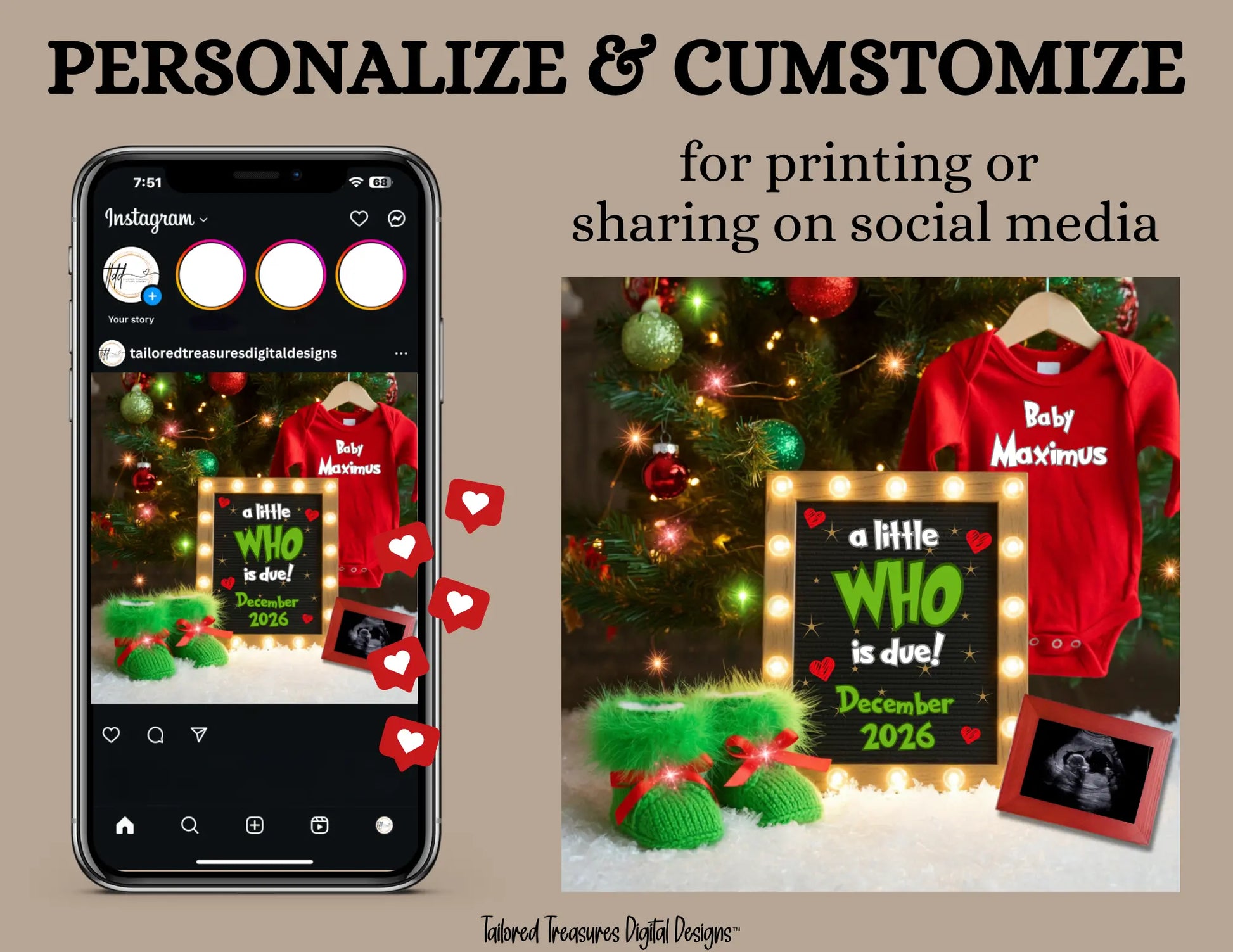 Digital Christmas Pregnancy Announcement, A Little Who is Due, Customizable Grinch Themed, Personalized Editable Template TailoredTreasuresDigitalDesigns™