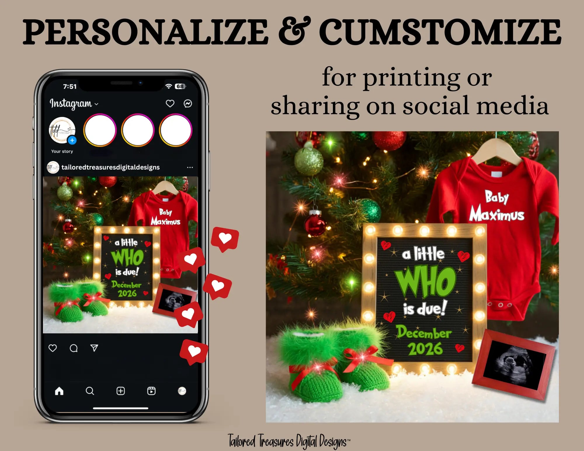 Digital Christmas Pregnancy Announcement, A Little Who is Due, Customizable Grinch Themed, Personalized Editable Template TailoredTreasuresDigitalDesigns™