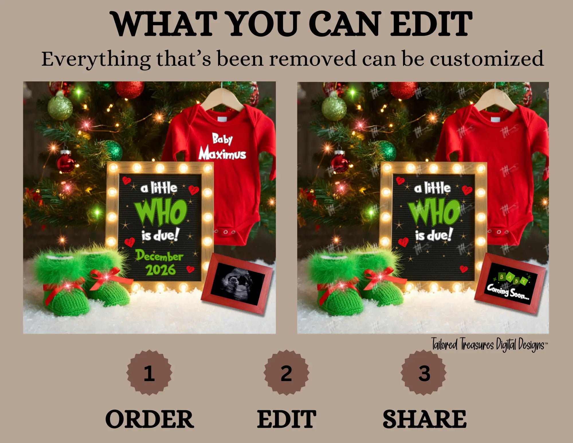 Digital Christmas Pregnancy Announcement, A Little Who is Due, Customizable Grinch Themed, Personalized Editable Template TailoredTreasuresDigitalDesigns™