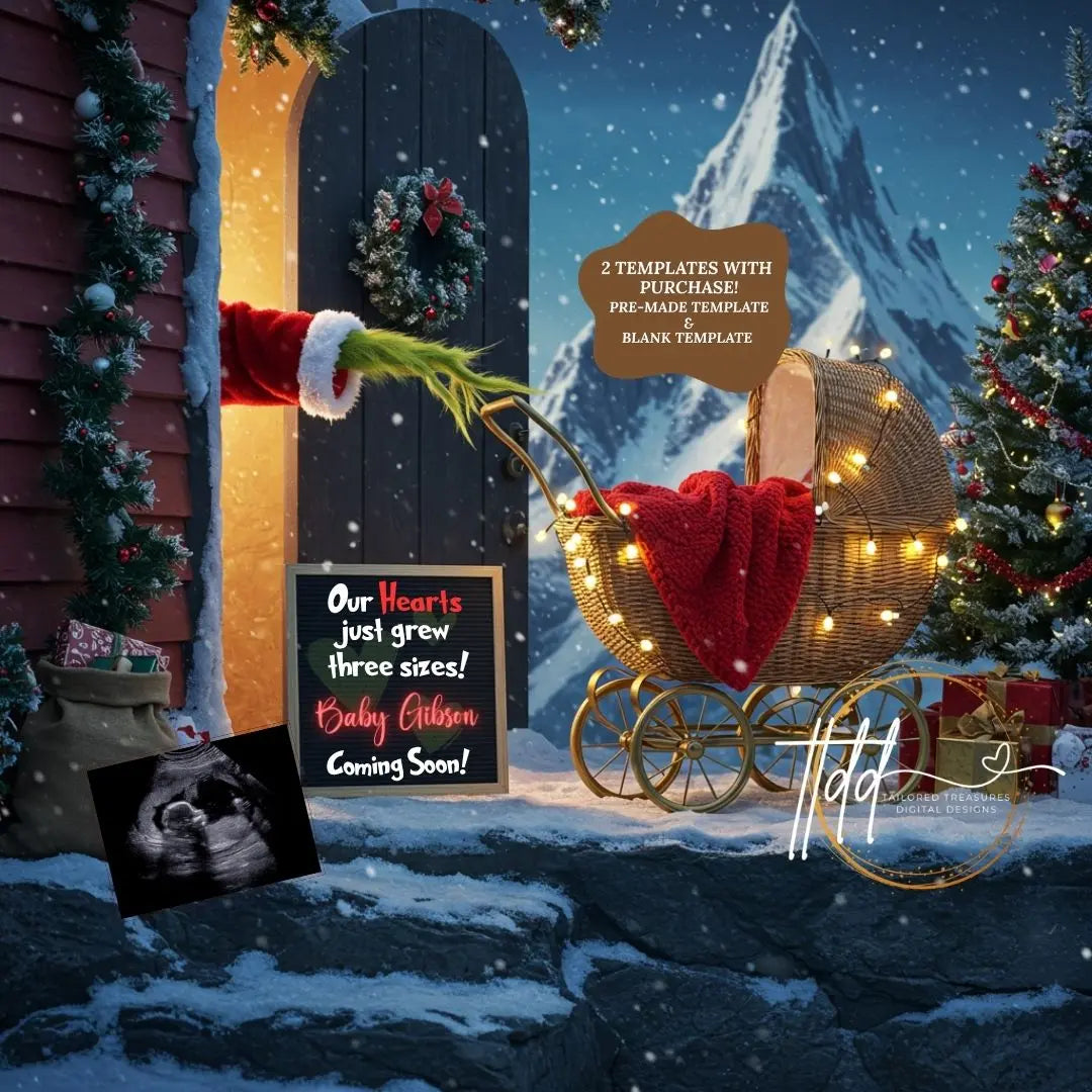 Our Hearts Just Grew Three Sizes, Grinch Christmas Digital Pregnancy Announcement, Editable Canva Downloadable Template TailoredTreasuresDigitalDesigns™