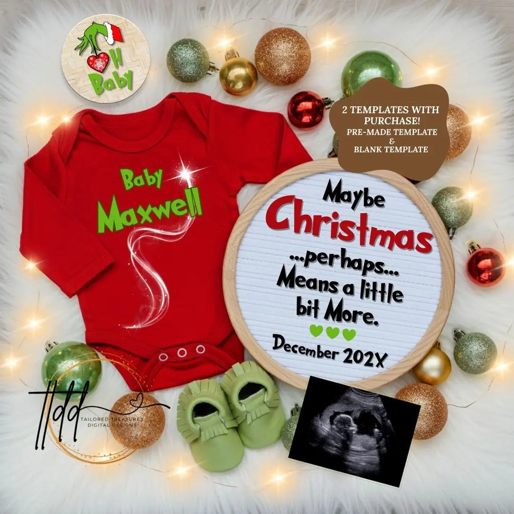 Digital Christmas Pregnancy Announcement, Maybe Christmas Baby, Customizable Grinch Themed, Personalized Editable Template TailoredTreasuresDigitalDesigns™