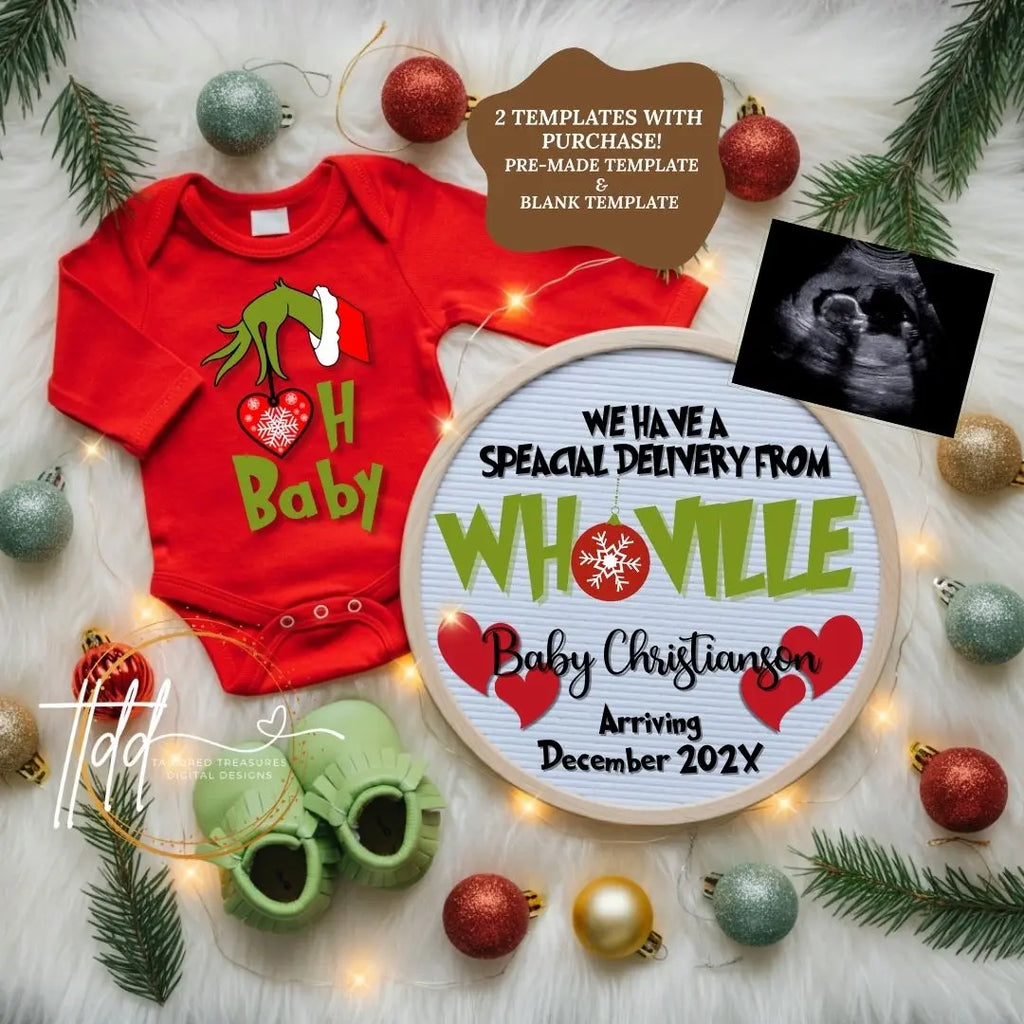Digital Christmas Pregnancy Announcement, Special Delivery from Whoville, Customizable Grinch Themed, Personalized Editable Template TailoredTreasuresDigitalDesigns™