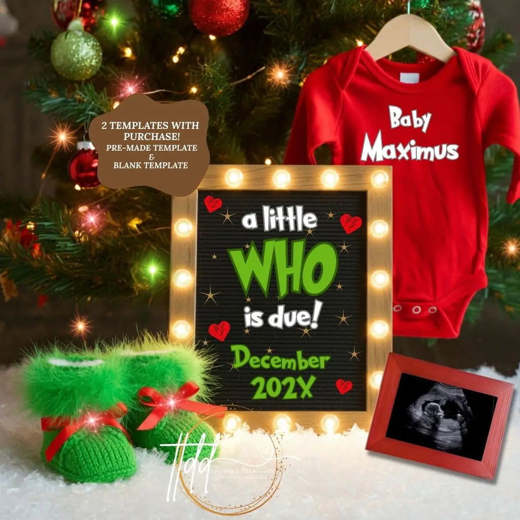 Digital Christmas Pregnancy Announcement, A Little Who is Due, Customizable Grinch Themed, Personalized Editable Template TailoredTreasuresDigitalDesigns™