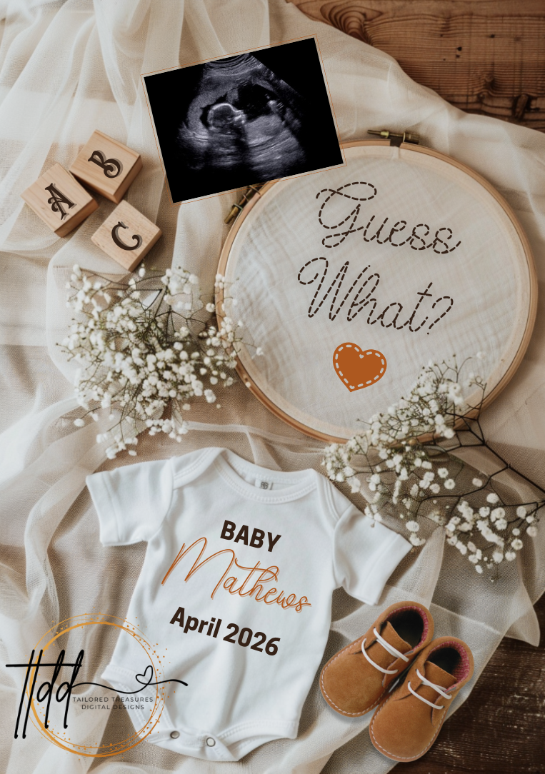 Digital Pregnancy Announcement, Guess What?, Gender Neutral, Customizable Hand Embroidered Themed, Personalized Editable Template TailoredTreasuresDigitalDesigns™