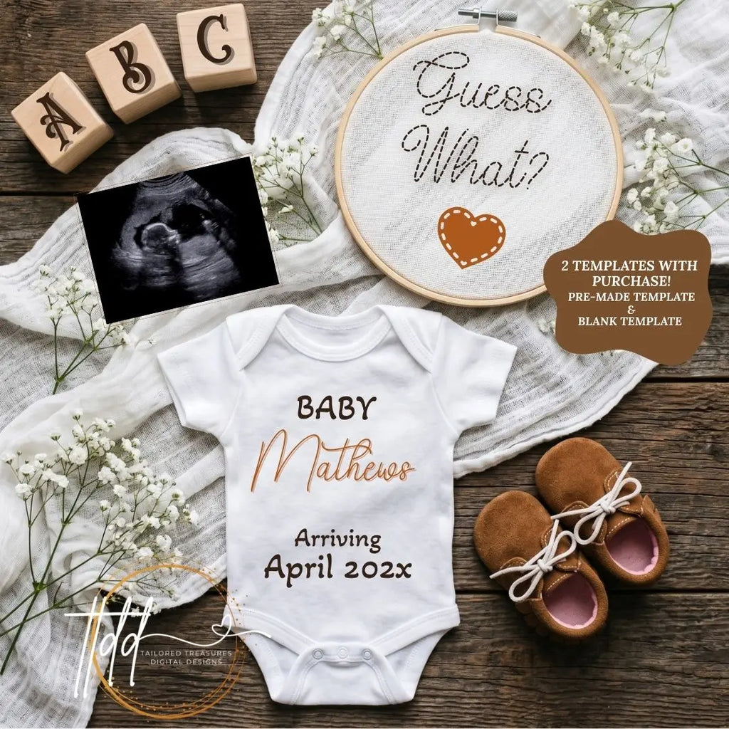 Digital Pregnancy Announcement, Guess What?, Gender Neutral, Customizable Hand Embroidered Themed, Personalized Editable Template TailoredTreasuresDigitalDesigns™
