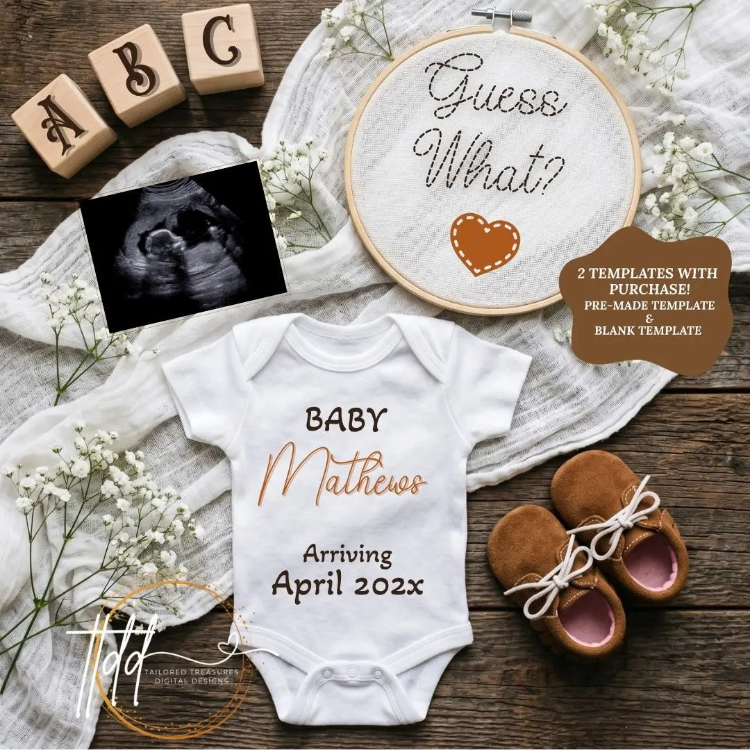 Digital Pregnancy Announcement, Guess What?, Gender Neutral, Customizable Hand Embroidered Themed, Personalized Editable Template TailoredTreasuresDigitalDesigns™
