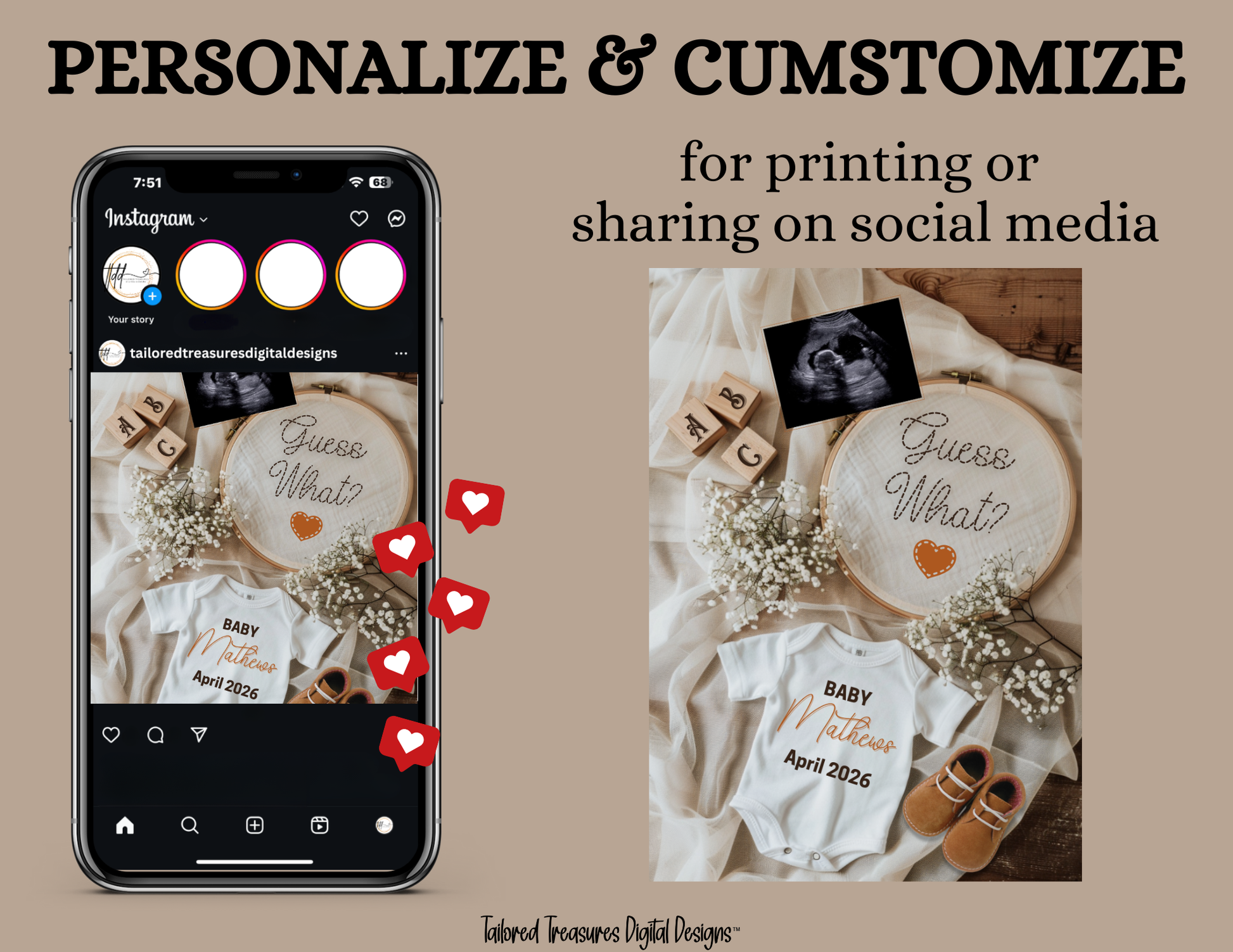Digital Pregnancy Announcement, Guess What?, Gender Neutral, Customizable Hand Embroidered Themed, Personalized Editable Template TailoredTreasuresDigitalDesigns™