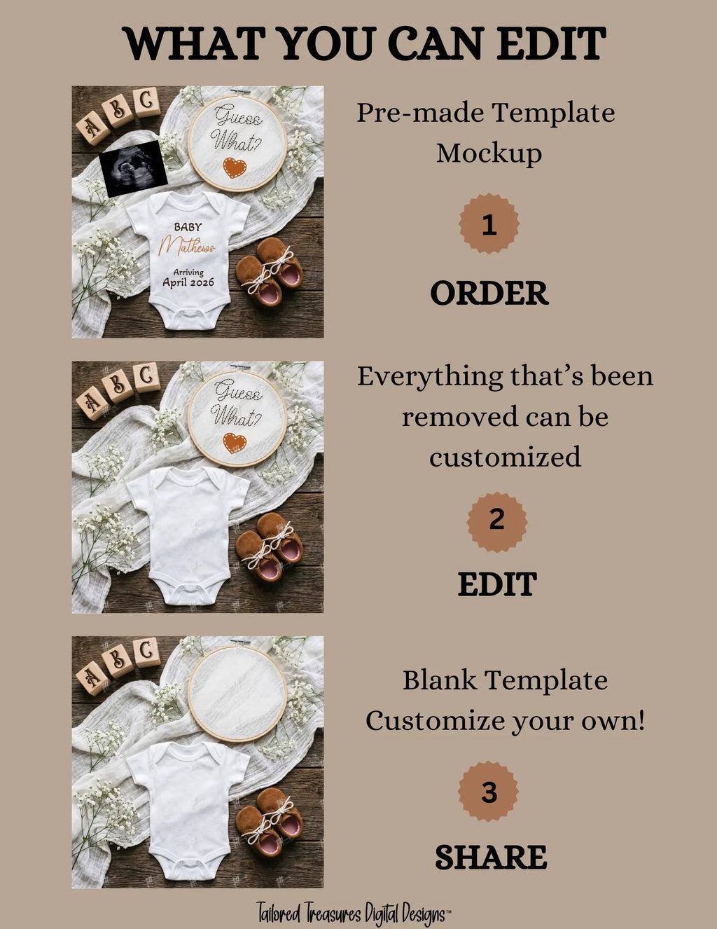 Digital Pregnancy Announcement, Guess What?, Gender Neutral, Customizable Hand Embroidered Themed, Personalized Editable Template TailoredTreasuresDigitalDesigns™
