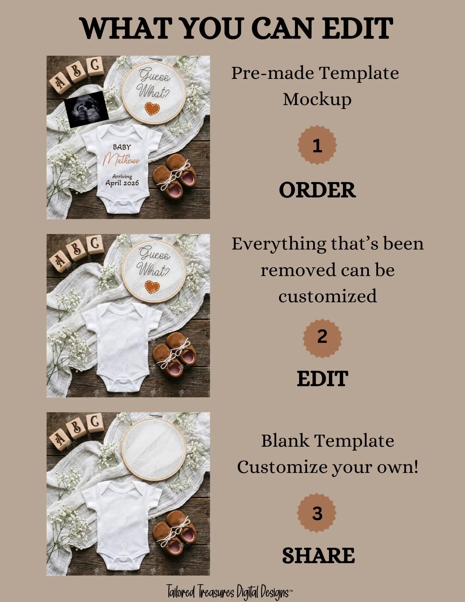 Digital Pregnancy Announcement, Guess What?, Gender Neutral, Customizable Hand Embroidered Themed, Personalized Editable Template TailoredTreasuresDigitalDesigns™