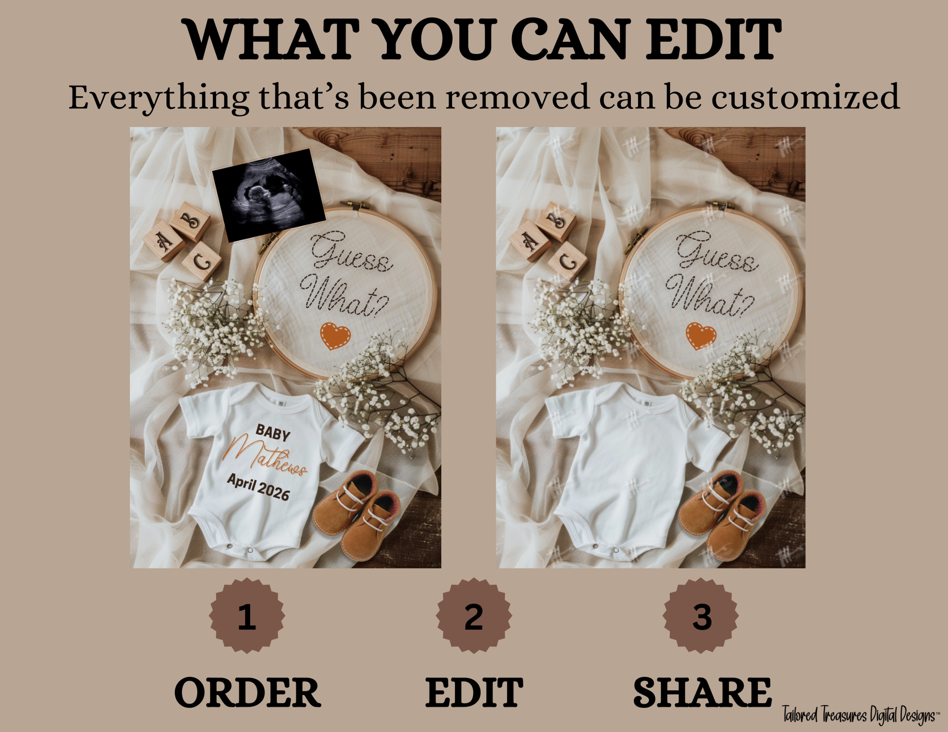 Digital Pregnancy Announcement, Guess What?, Gender Neutral, Customizable Hand Embroidered Themed, Personalized Editable Template TailoredTreasuresDigitalDesigns™