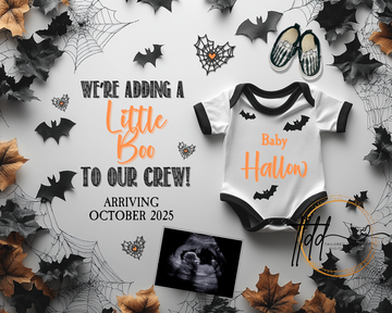 Digital Halloween Pregnancy Announcement, Adding a Little Boo, Customizable Personalized Editable Template TailoredTreasuresDigitalDesigns™