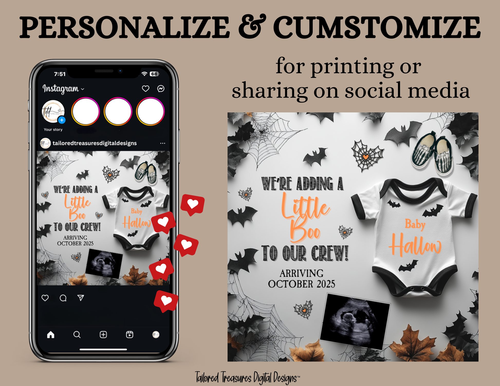 Digital Halloween Pregnancy Announcement, Adding a Little Boo, Customizable Personalized Editable Template TailoredTreasuresDigitalDesigns™