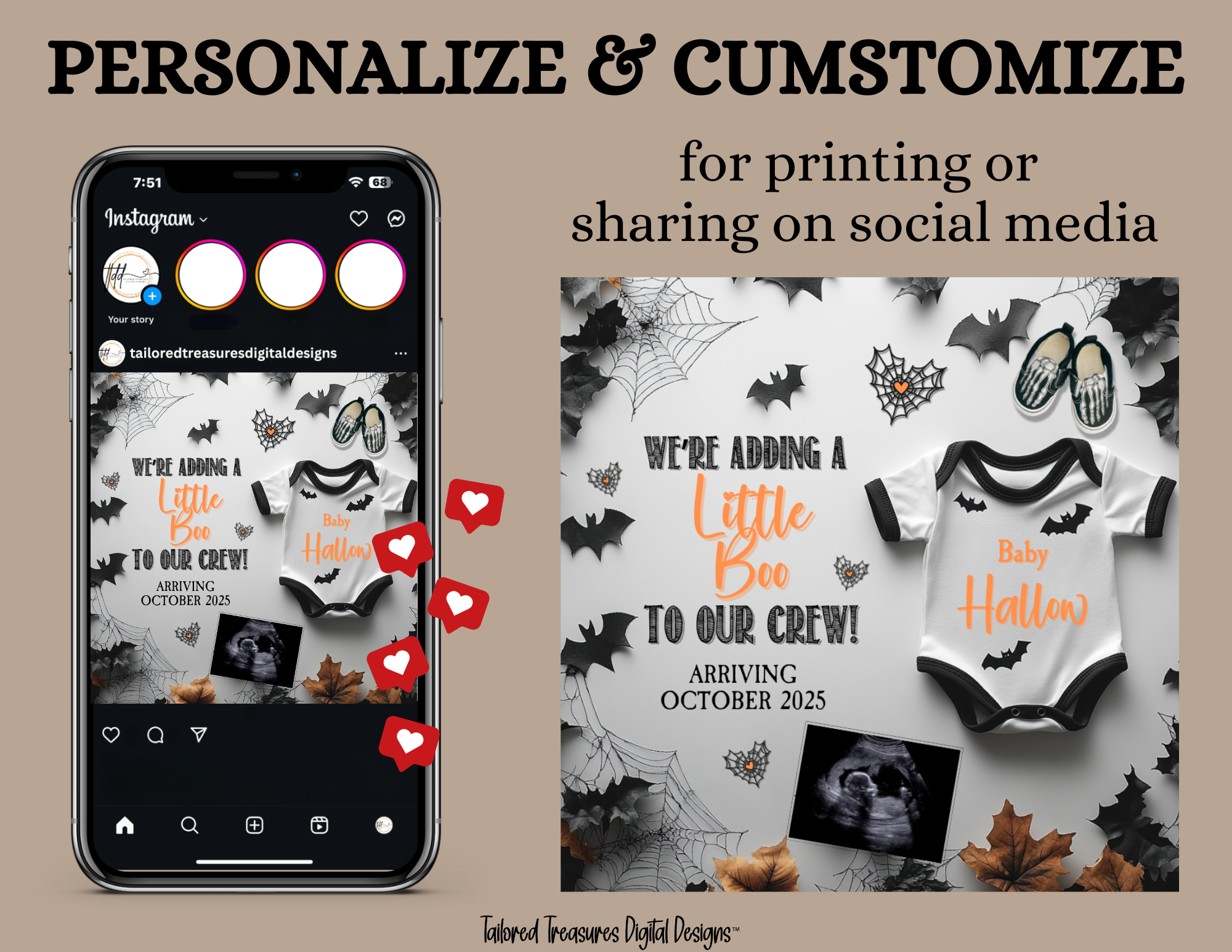 Digital Halloween Pregnancy Announcement, Adding a Little Boo, Customizable Personalized Editable Template TailoredTreasuresDigitalDesigns™