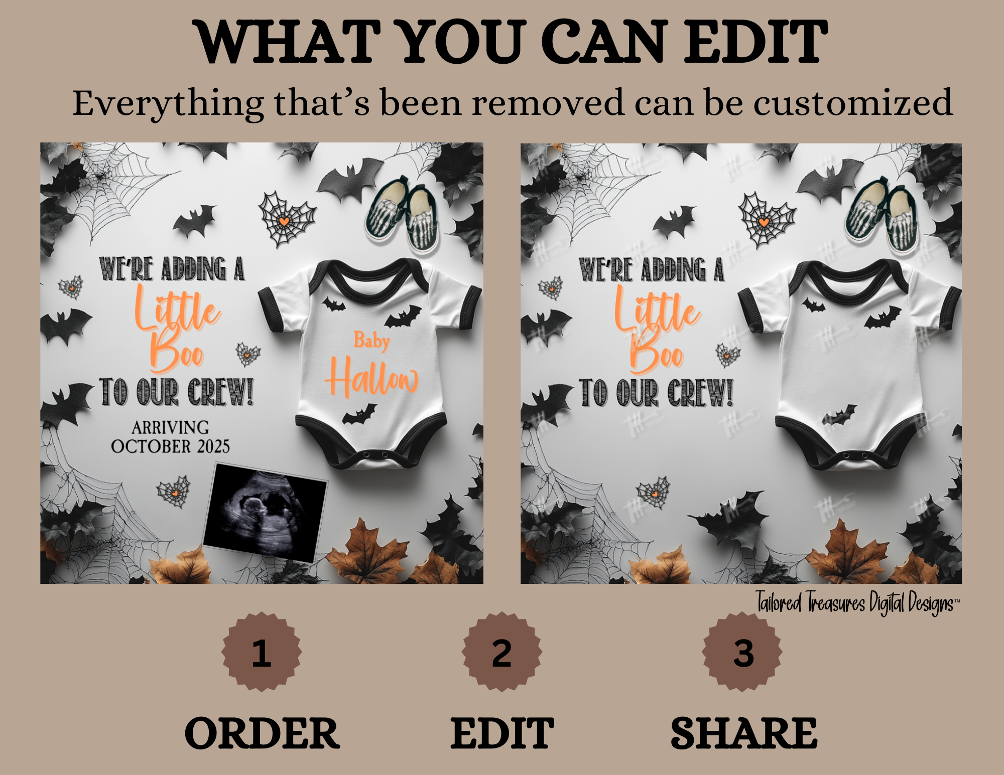 Digital Halloween Pregnancy Announcement, Adding a Little Boo, Customizable Personalized Editable Template TailoredTreasuresDigitalDesigns™