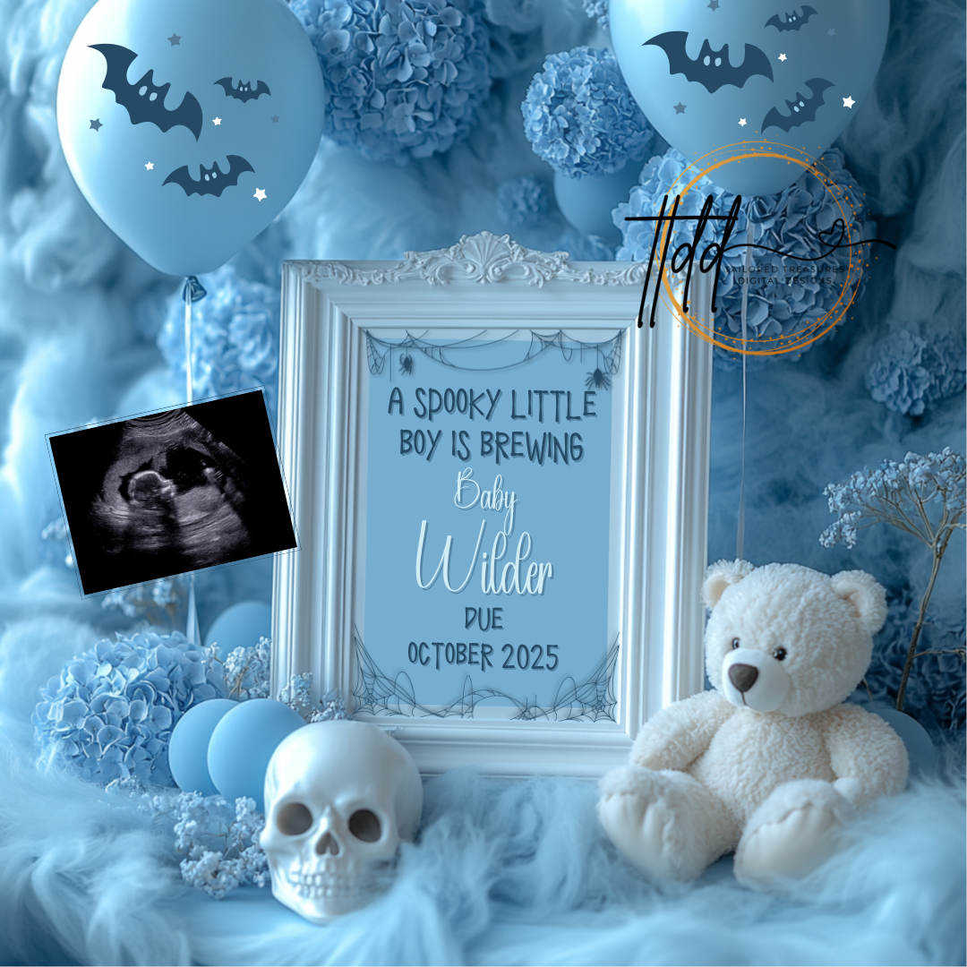 Digital Halloween Pregnancy Announcement, Boy's Gender Reveal, Customizable October Themed, Personalized Editable Template TailoredTreasuresDigitalDesigns™