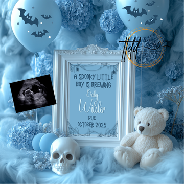 Digital Halloween Pregnancy Announcement, Boy's Gender Reveal, Customizable October Themed, Personalized Editable Template TailoredTreasuresDigitalDesigns™