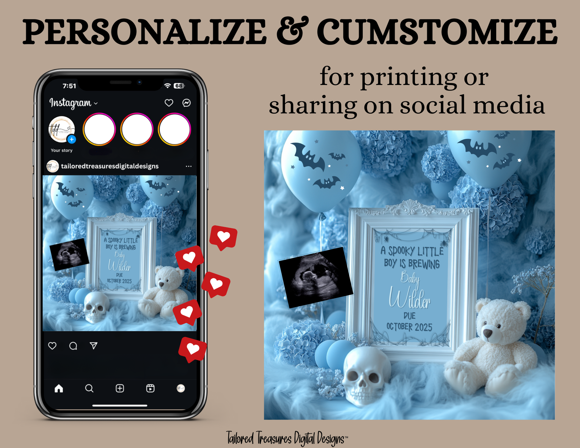 Digital Halloween Pregnancy Announcement, Boy's Gender Reveal, Customizable October Themed, Personalized Editable Template TailoredTreasuresDigitalDesigns™