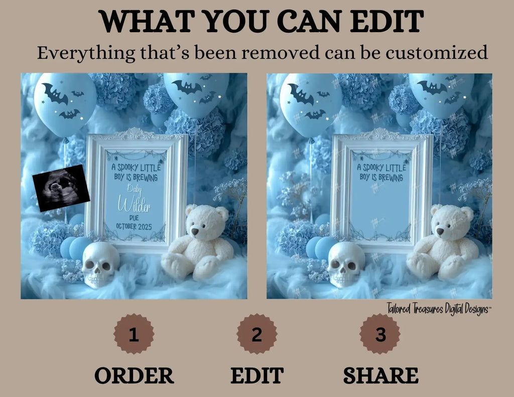 Digital Halloween Pregnancy Announcement, Boy's Gender Reveal, Customizable October Themed, Personalized Editable Template TailoredTreasuresDigitalDesigns™
