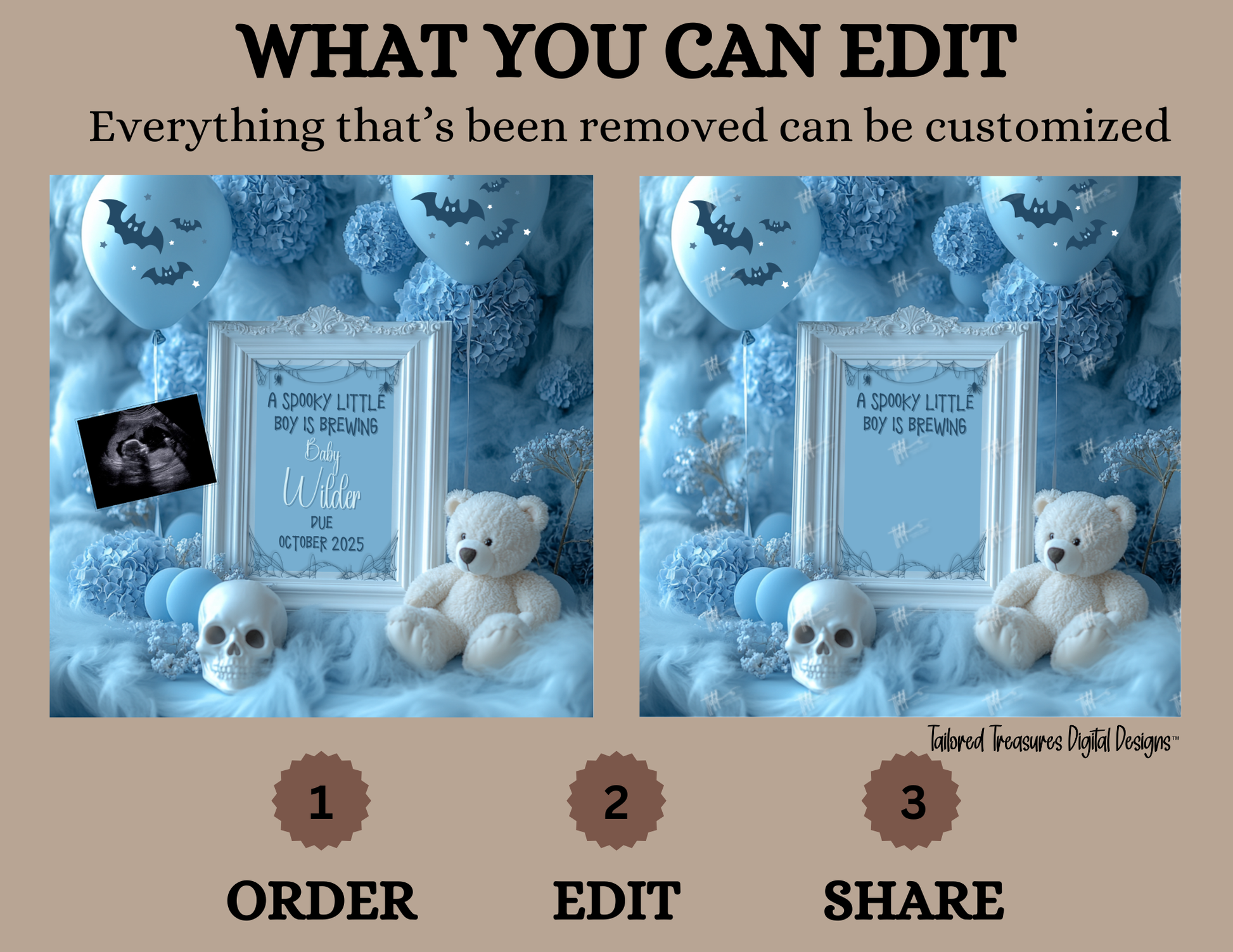 Digital Halloween Pregnancy Announcement, Boy's Gender Reveal, Customizable October Themed, Personalized Editable Template TailoredTreasuresDigitalDesigns™