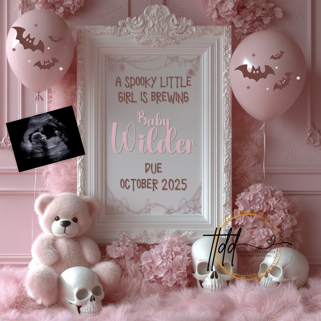 Digital Halloween Pregnancy Announcement, Girl's Gender Reveal, Customizable October Themed, Personalized Editable Template TailoredTreasuresDigitalDesigns™