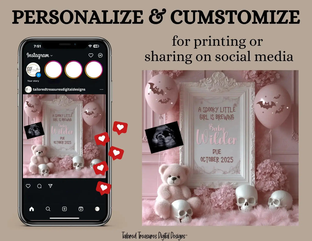Digital Halloween Pregnancy Announcement, Girl's Gender Reveal, Customizable October Themed, Personalized Editable Template TailoredTreasuresDigitalDesigns™
