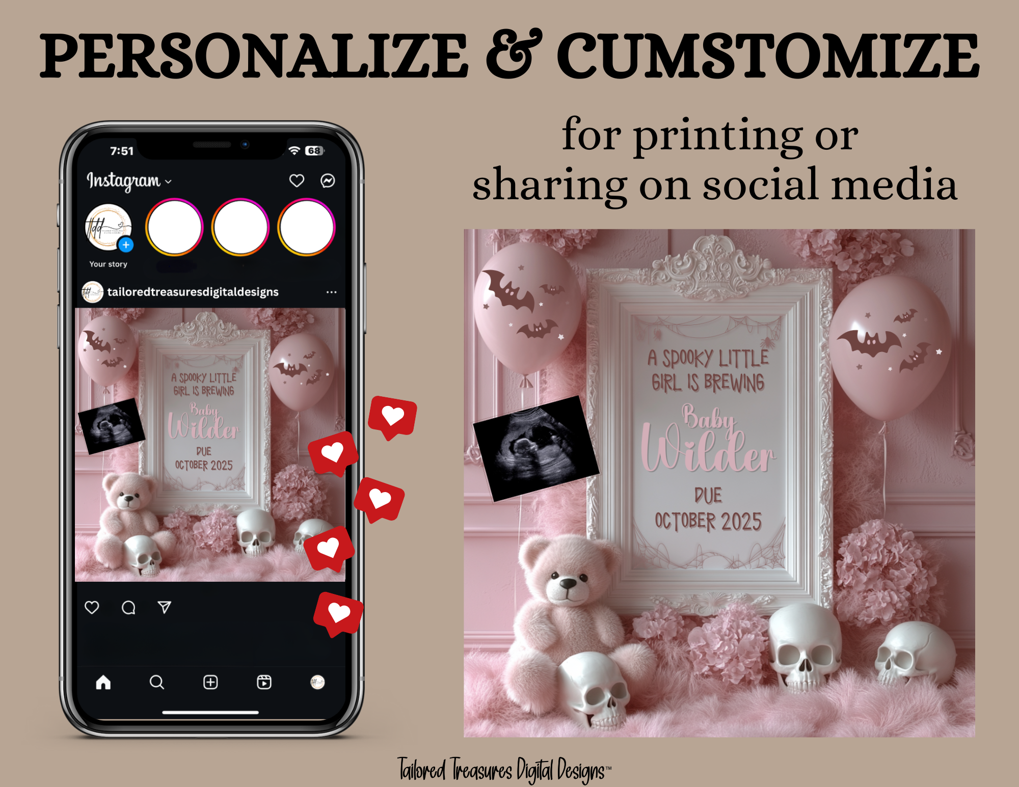 Digital Halloween Pregnancy Announcement, Girl's Gender Reveal, Customizable October Themed, Personalized Editable Template TailoredTreasuresDigitalDesigns™