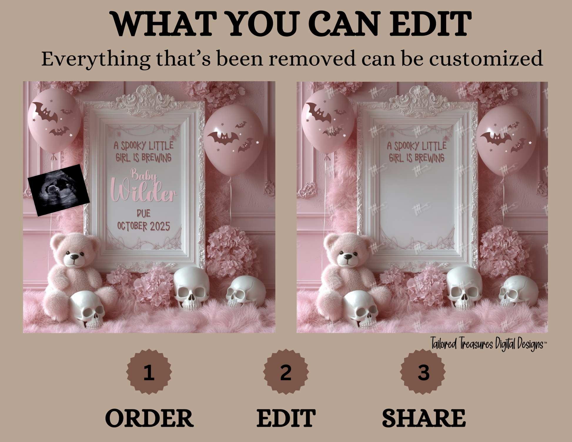 Digital Halloween Pregnancy Announcement, Girl's Gender Reveal, Customizable October Themed, Personalized Editable Template TailoredTreasuresDigitalDesigns™