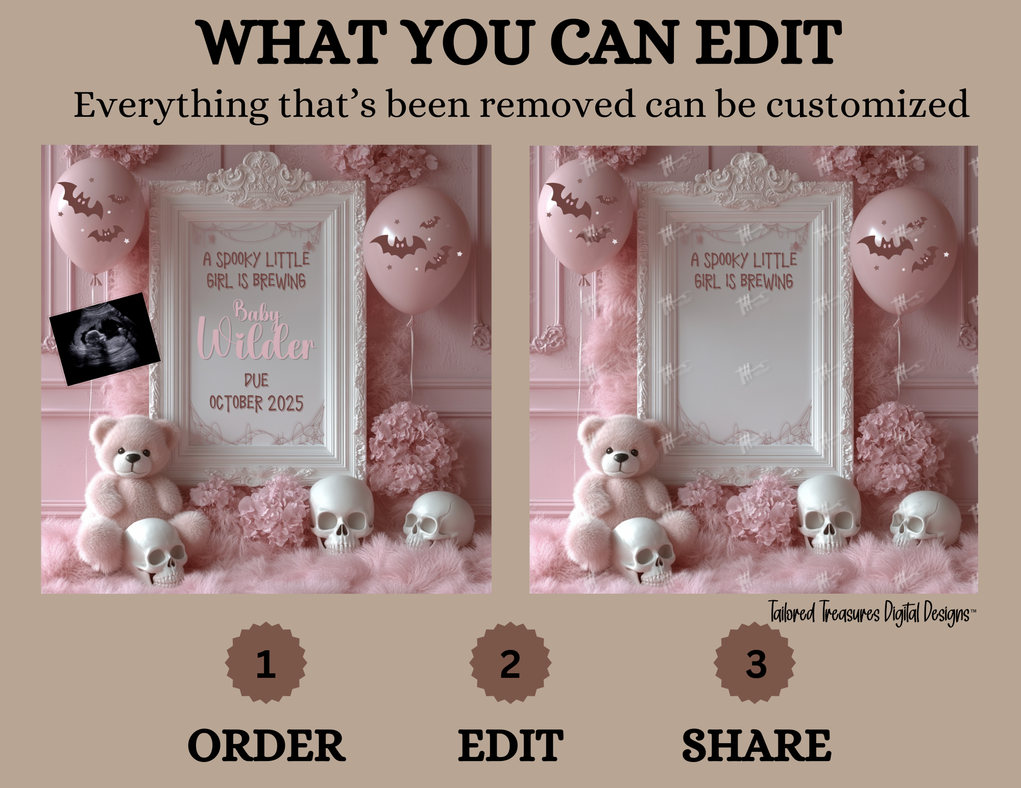 Digital Halloween Pregnancy Announcement, Girl's Gender Reveal, Customizable October Themed, Personalized Editable Template TailoredTreasuresDigitalDesigns™
