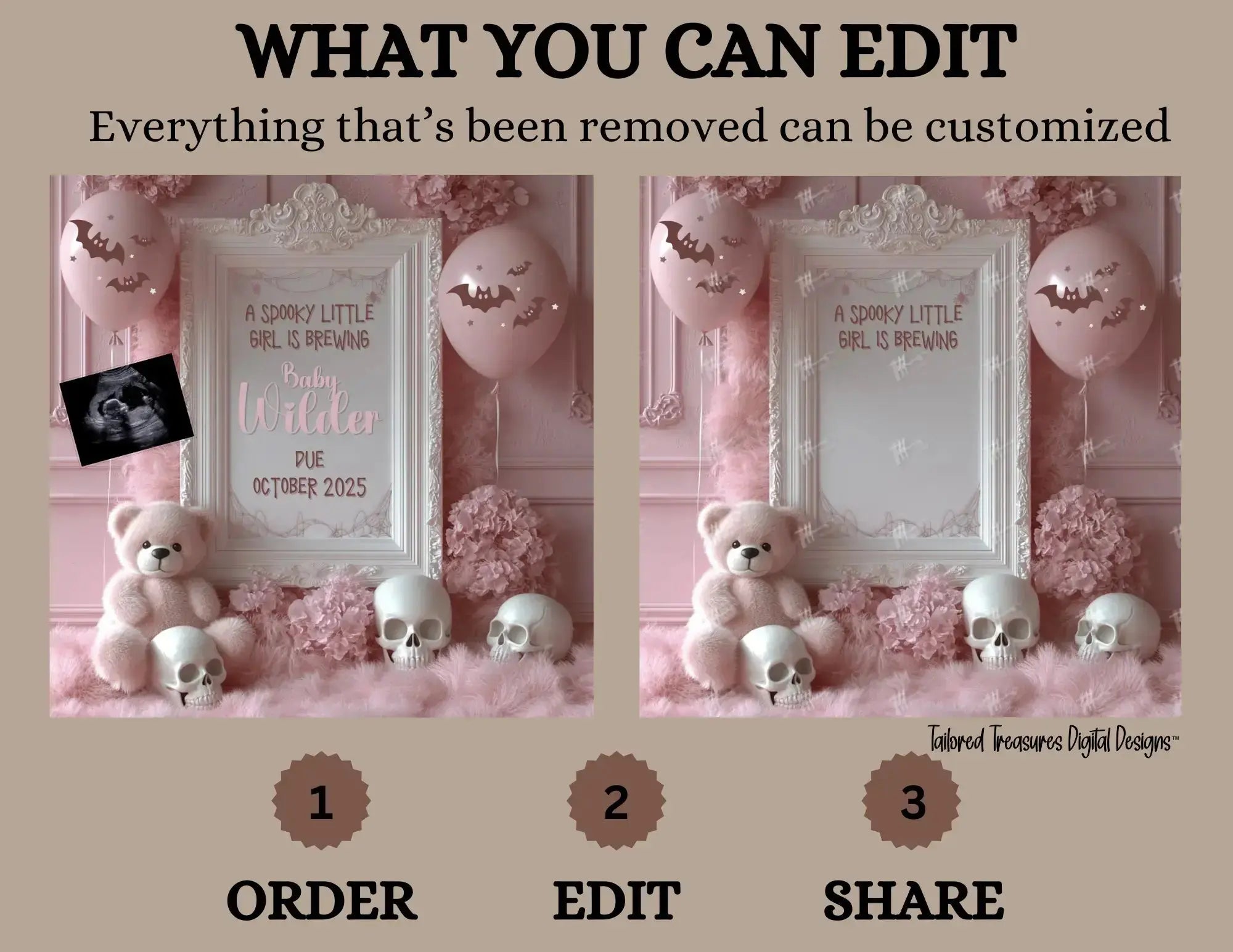 Digital Halloween Pregnancy Announcement, Girl's Gender Reveal, Customizable October Themed, Personalized Editable Template TailoredTreasuresDigitalDesigns™