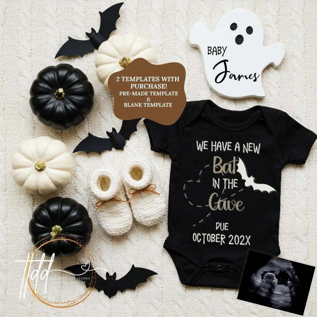 Digital Halloween Pregnancy Announcement, Bat In The Cave, Customizable Personalized Editable Template TailoredTreasuresDigitalDesigns™